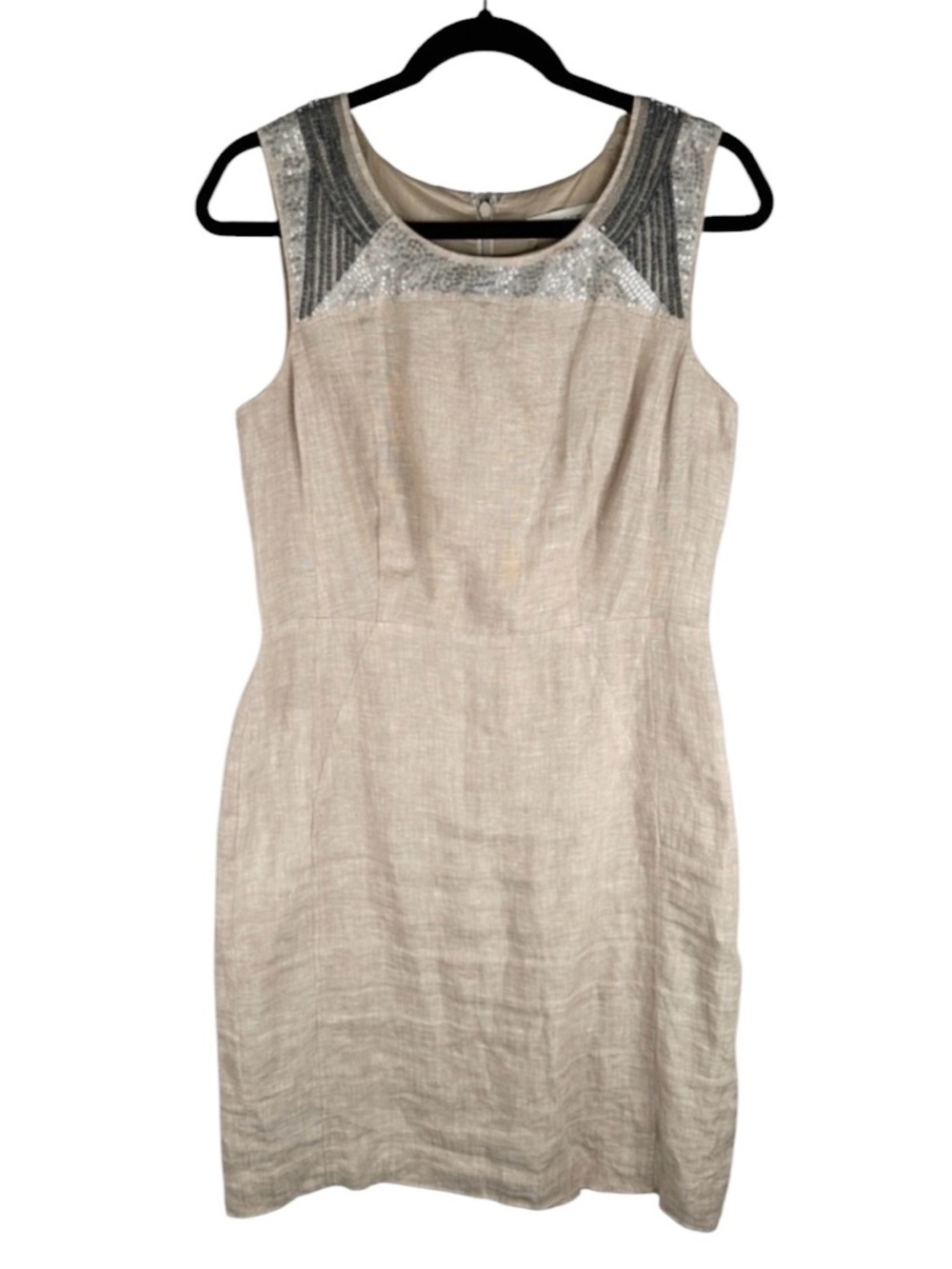 LOFT 100% Linen Cream Silver Sequin Gray Beaded Summer Classic Sheath Dress Sz 6 - Picture 2 of 6